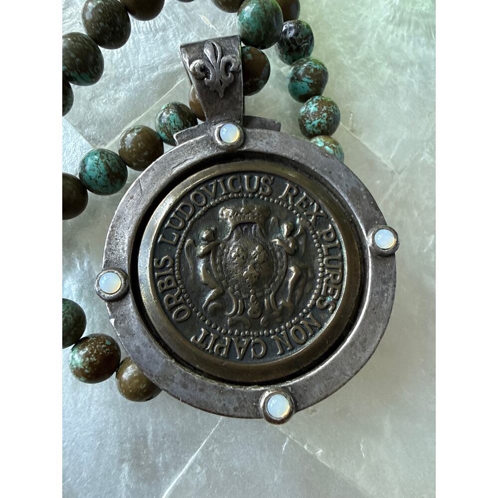 French Kande Long Stone Medallion Necklace with Opalite Style Stone Accents